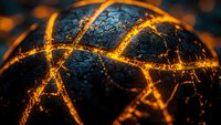 Glowing orange cracks on dark textured surface create abstract pattern resembling hot lava or molten rock formation in dramatic macro photography.