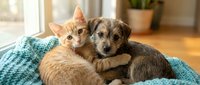 Cat and dog resting together on blue knitted blanket indoors. Ginger kitten and brown terrier mix puppy bonding on cozy textile.