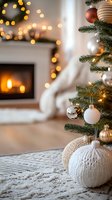 Decorated Christmas tree with white and silver ornaments, knitted pumpkins on carpet near cozy fireplace with warm bokeh lights creating festive holiday atmosphere.
