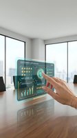 Hand touching holographic customer experience dashboard with ratings and analytics in modern office conference room for business presentations.