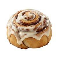 Freshly baked cinnamon roll with white cream cheese frosting, isolated on white background. Perfect for bakery, food, and culinary design projects.