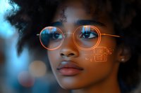 Young African American woman with natural curly hair wearing round glasses with futuristic holographic interface elements in blue and orange tones against dark background.