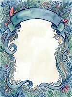 Watercolor floral frame with ribbon banner and swirling vines, soft teal and pink tones, blank center for text, for cards and invitations.