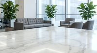Modern office lobby with marble floor and gray furniture featuring large windows and green plants for corporate interior design projects.
