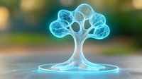 Glowing holographic tree with luminous blue wireframe branches on circular platform against blurred natural background for technology and nature concepts.