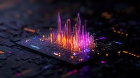 Glowing neon skyscrapers emerge from computer circuit board in vibrant purple and orange colors creating futuristic cityscape visualization for technology concept.