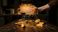Chef pouring fresh orange juice over sliced citrus fruits on dark kitchen counter with splashing liquid and warm lighting for culinary and food photography projects.