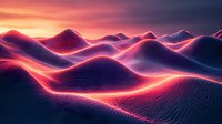 Abstract digital landscape with glowing neon pink and purple sand dunes against dark sky, creating futuristic desert terrain at sunset.