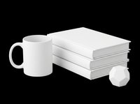Blank white mug with stacked books and sphere, isolated on transparent background. Ready for sublimation, print-on-demand, t-shirt design, and merchandise mockups.