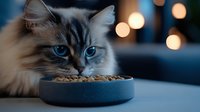 Ragdoll cat with striking blue eyes eating from bowl against blurred bokeh lights background, close up portrait of fluffy feline during feeding time.