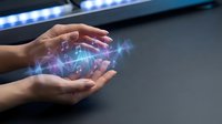 Hand holding glowing digital globe with network connections and data visualization, representing global technology, innovation, and digital transformation for business solutions.