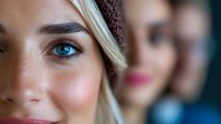 Young Caucasian woman with bright blue eyes, blonde hair and natural makeup smiling at camera in close-up portrait with blurred people in background.