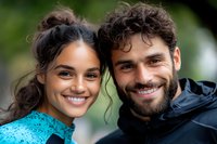 Happy young mixed-race couple smiling outdoors in athletic wear after workout, healthy lifestyle and fitness motivation for active people.