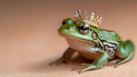 Green tree frog wearing tiny golden crown on smooth beige background, symbolizing fairy tale concept of frog prince transformation in nature photography.