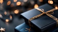 Elegant black gift box with golden ribbon against dark background with blurred bokeh lights creating luxurious holiday atmosphere. Perfect for festive designs.
