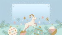 Isolated goat leaping over wrapped gift boxes surrounded by festive ornaments, snowflakes, and evergreen branches on white background, suitable for holiday greeting cards and seasonal designs.