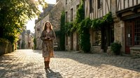 Young woman in floral dress walking on cobblestone street in historic European town with ivy-covered stone buildings and warm sunlight.