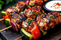 Grilled chicken kebabs with colorful vegetables on wooden skewers, served with creamy dipping sauce. Juicy meat pieces alternating with zucchini, bell peppers and red onions.