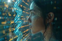 Asian woman profile with glowing digital DNA helix and data visualization elements, face illuminated by cyan light and sparkles, representing biotechnology future.