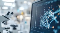 Microscope and computer screen showing molecular structure visualization in modern laboratory with blue digital network analysis and bokeh background.