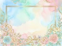 Pastel watercolor floral background with gold frame, soft roses and botanical elements, elegant wedding or greeting card design template.
