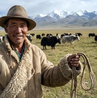 Elderly Asian herder in traditional clothing holds rope with yak herd grazing on mountain plateau. Nomadic lifestyle and livestock farming in high altitude grasslands.