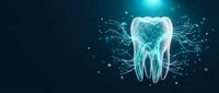 Digital tooth with glowing neural network connections on dark blue background for dental technology and healthcare innovation concepts.