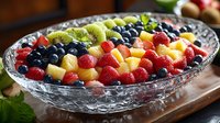 Fresh mixed fruit salad with colorful berries, kiwi, grapes and tropical fruits arranged in crystal glass bowl for healthy eating and summer desserts.