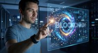 Young Caucasian male developer interacting with futuristic blockchain holographic interface in modern tech office environment with digital data visualization.