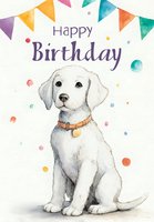 Watercolor puppy birthday card with white labrador retriever and colorful bunting flags on textured paper background for celebration greeting.