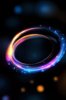 Glowing spiral ring with vibrant neon colors against dark background, featuring blue, pink, and orange light trails with sparkling particles and bokeh effects.
