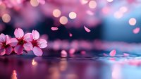 Delicate pink cherry blossoms floating on water surface with bokeh lights creating dreamy atmosphere, petals reflecting in calm ripples against blue background.