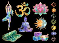 Yoga and meditation clipart set with chakra symbols, lotus, om sign, singing bowl, and poses, isolated on transparent background, for stickers, sublimation, t-shirt design.