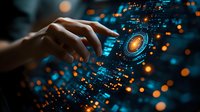 Finger touching futuristic holographic interface with glowing orange circles and digital elements against dark background with bokeh lights. Technology concept.