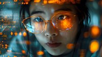 Young Asian woman in glasses with futuristic digital reflections and orange bokeh lights, perfect for technology, artificial intelligence, and digital transformation concepts in modern business.