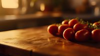 Fresh red cherry tomatoes on rustic wooden cutting board in warm evening light, creating cozy kitchen atmosphere with soft bokeh background.
