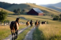 Horses walking along rural dirt path at sunset with barn and rolling hills in background, creating peaceful countryside atmosphere with warm golden light.