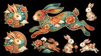 Decorative rabbits and hares with ornamental floral patterns in warm tones, isolated on transparent background. Ready for t-shirt designs, clipart, stickers, sublimation, print-on-demand products and craft projects.