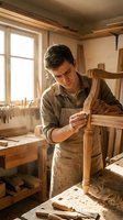 Skilled male carpenter in apron working on wooden furniture in sunlit workshop, sanding and finishing wood pieces with hand tools and craftsmanship.