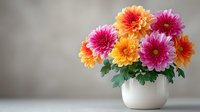 Vibrant bouquet of pink, orange, and yellow dahlias arranged in a simple white ceramic vase against neutral background, perfect for floral decor.