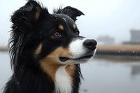 Portrait of alert Border Collie with distinctive black, white and tan markings gazing intently into distance against blurred winter landscape with falling snow.