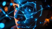 Futuristic facial recognition concept with glowing blue network lines mapping female face against dark background with bokeh light effects.