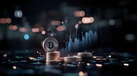 Silver cryptocurrency coin stacked on dark background with glowing trading chart and bokeh lights, modern financial technology concept for banking.