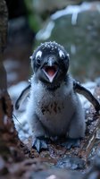 Happy baby penguin chick covered in snowflakes opens beak wide while sitting on frozen ground, showing playful expression in winter environment.