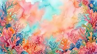 Vibrant watercolor coral reef underwater scene with colorful marine life and tropical fish in pink, orange, and turquoise hues for ocean-themed designs.
