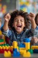Excited African American child celebrating with raised arms while playing with colorful building blocks in bright classroom setting.