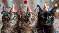 Three adorable cats wearing party hats pose together against blurred festive bokeh lights background, celebrating birthday or holiday with playful expressions.