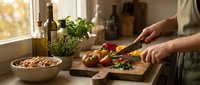 Person chopping fresh vegetables on wooden cutting board in warm sunlit kitchen with herbs and cooking ingredients for healthy meal preparation.