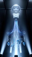 Futuristic lightbulb with glowing energy streams and tech icons in dark corridor representing innovation, artificial intelligence and digital transformation.