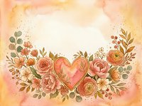 Watercolor floral heart arrangement with roses, peonies, and eucalyptus in warm peach tones, perfect for Valentine's cards and wedding designs.